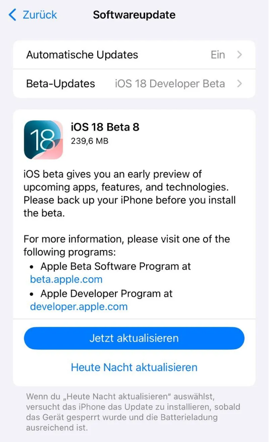 和舍镇苹果手机维修分享苹果 iOS / iPadOS 18 开发者预览版 Beta 8 发布 